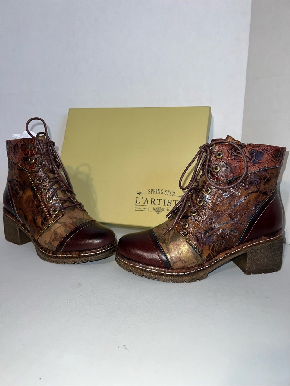 L'Artiste by Spring Step Brown Floral Embossed Leather Lace-Up Boot - Picture 5 of 16